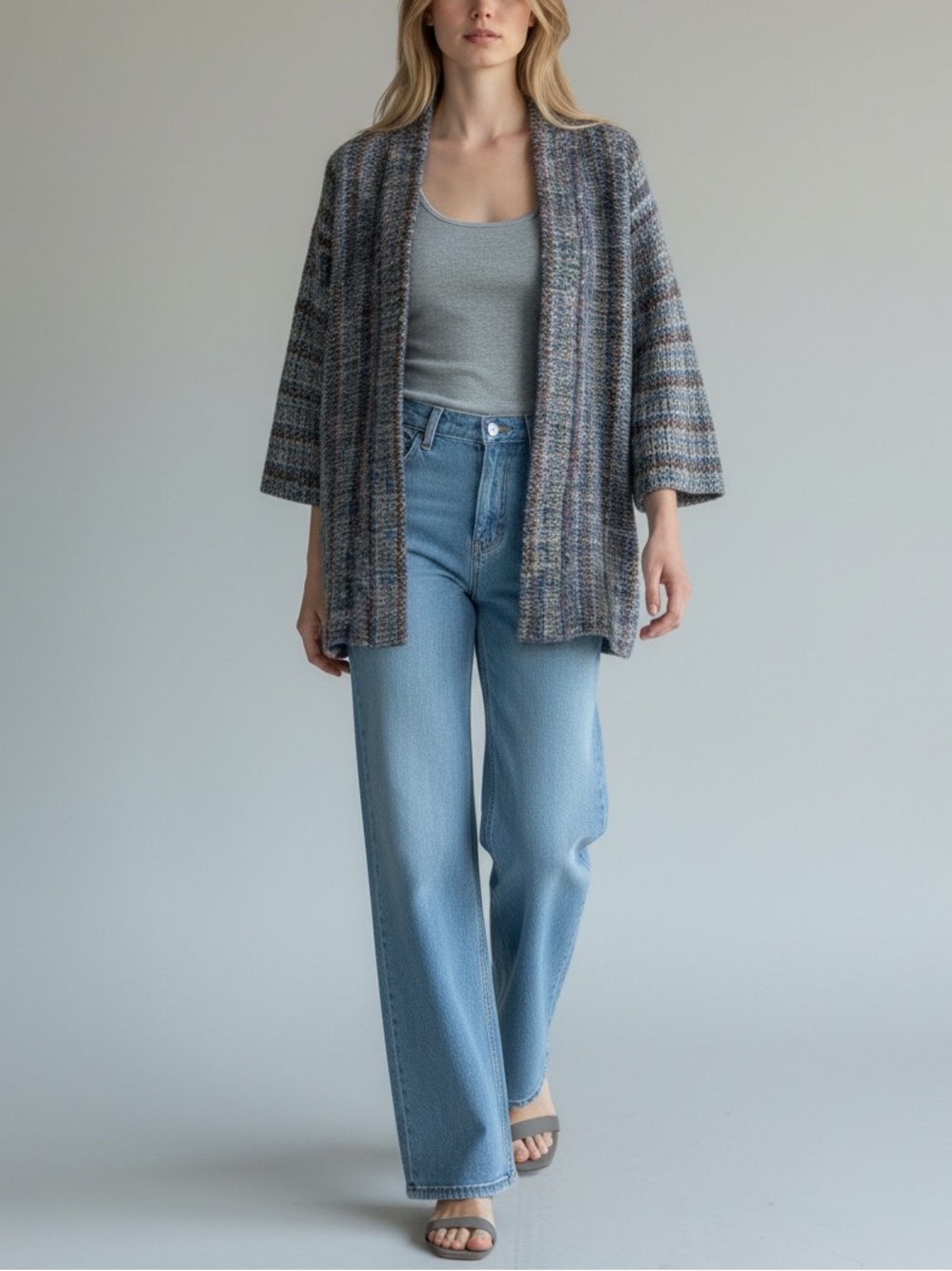 Artisan Hand Woven Kimono Style Cardigan In Grey / Blue / Brown